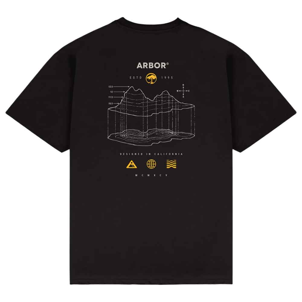 A black short-sleeve t-shirt with a white and yellow graphic print on the front. The graphic features the brand name 'ARBOR' at the top, a topographic line drawing in the center, and 'DESIGNED IN CALIFORNIA' along with small yellow icons below.