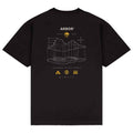 A black short-sleeve t-shirt with a white and yellow graphic print on the front. The graphic features the brand name 'ARBOR' at the top, a topographic line drawing in the center, and 'DESIGNED IN CALIFORNIA' along with small yellow icons below.