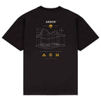 A black short-sleeve t-shirt with a white and yellow graphic print on the front. The graphic features the brand name 'ARBOR' at the top, a topographic line drawing in the center, and 'DESIGNED IN CALIFORNIA' along with small yellow icons below.