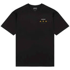 A black short-sleeve crewneck t-shirt with a small yellow and white ARBOR logo graphic on the left chest, displayed flat against a solid white background.