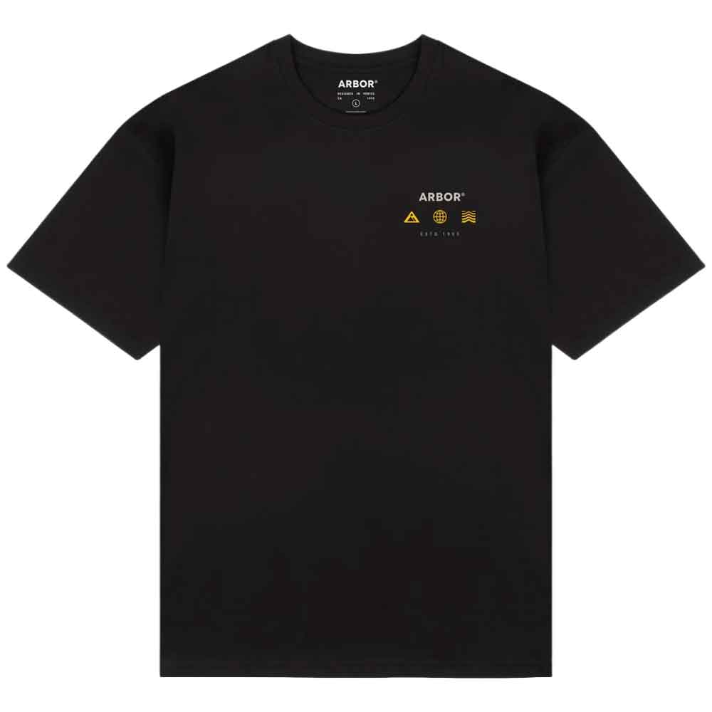 A black short-sleeve crewneck t-shirt with a small yellow and white ARBOR logo graphic on the left chest, displayed flat against a solid white background.