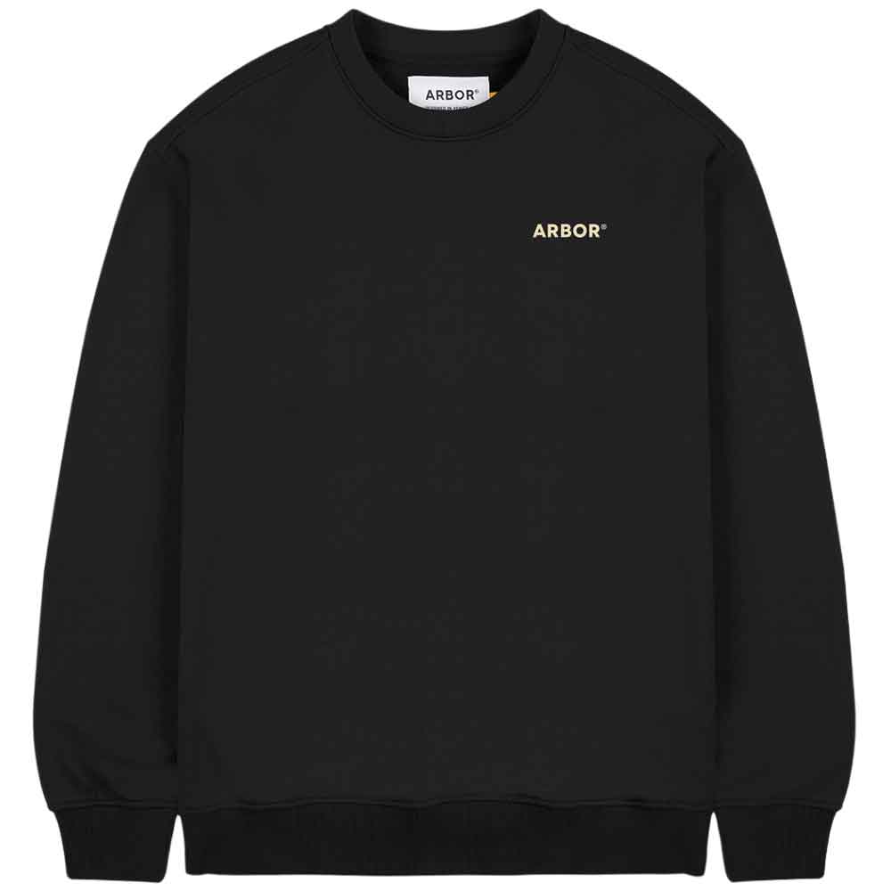 A black crewneck sweatshirt with a subtle tonal pattern, featuring a small gold 'ARBOR' logo on the left chest and a white brand label inside the collar, shown against a plain white background.