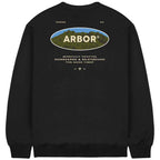 A black crewneck sweatshirt shown from the back, featuring a large graphic print of an oval mountain landscape with the word 'ARBOR' in the center, and small white text above and below.