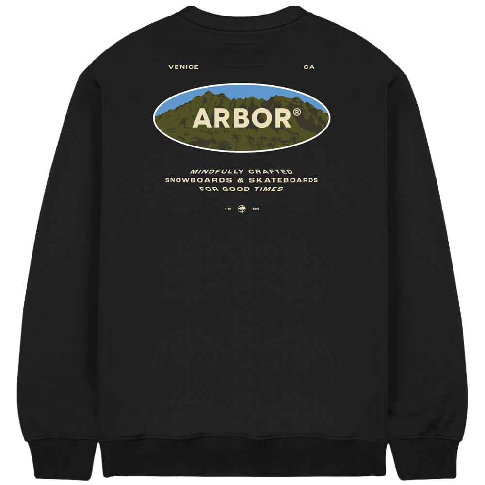 A black crewneck sweatshirt shown from the back, featuring a large graphic print of an oval mountain landscape with the word 'ARBOR' in the center, and small white text above and below.