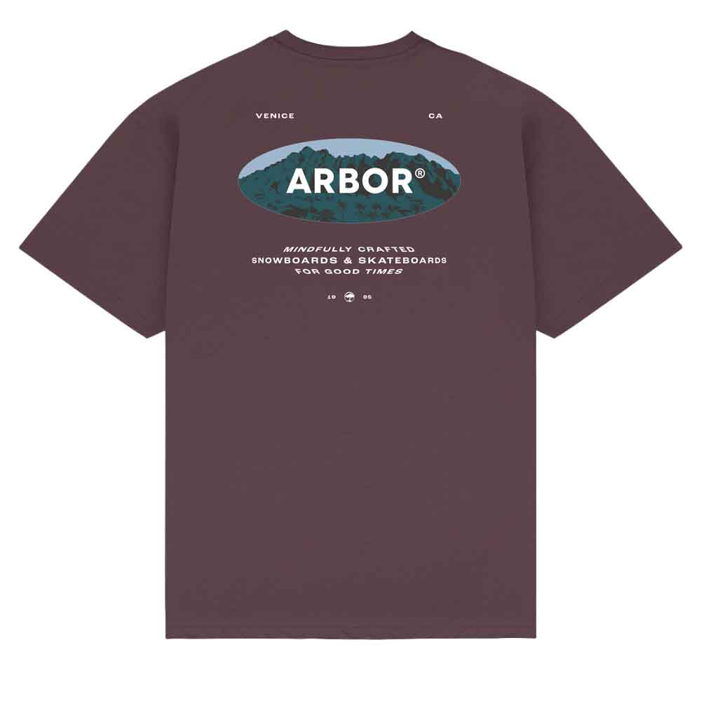 A dark plum purple short-sleeve t-shirt with a graphic on the back. The graphic features an oval logo with a mountain background and the word 'ARBOR' in white, along with smaller white text reading 'VENICE CA' and 'WINDFULLY DRAFTER ENBOARDERS & SKATEBOARDS FOR GOOD 7:42$'.