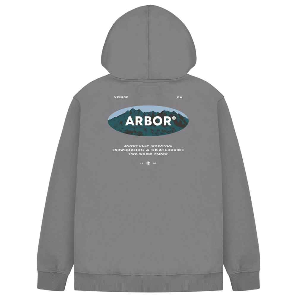A gray pullover hoodie shown from the back, featuring a large graphic print with the brand name 'ARBOR' in white text inside an oval containing a mountain scene, with smaller text above and below.