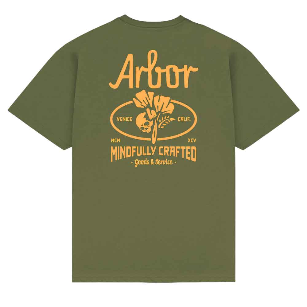An olive green short-sleeve crewneck t-shirt with a orange 'Arbor' logo