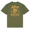 An olive green short-sleeve crewneck t-shirt with a orange 'Arbor' logo