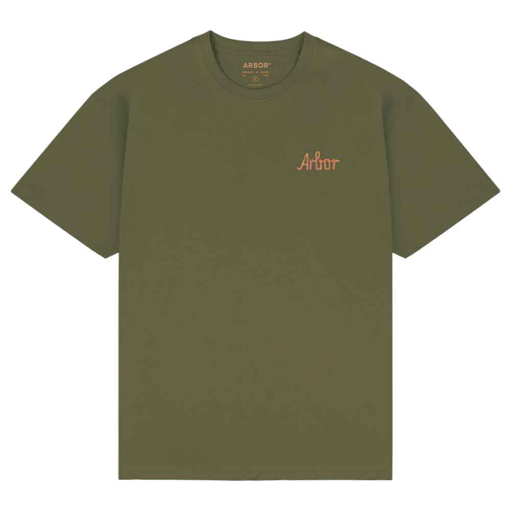 An olive green short-sleeve crewneck t-shirt with a small orange 'Arbor' logo on the left chest, displayed flat against a solid white background.