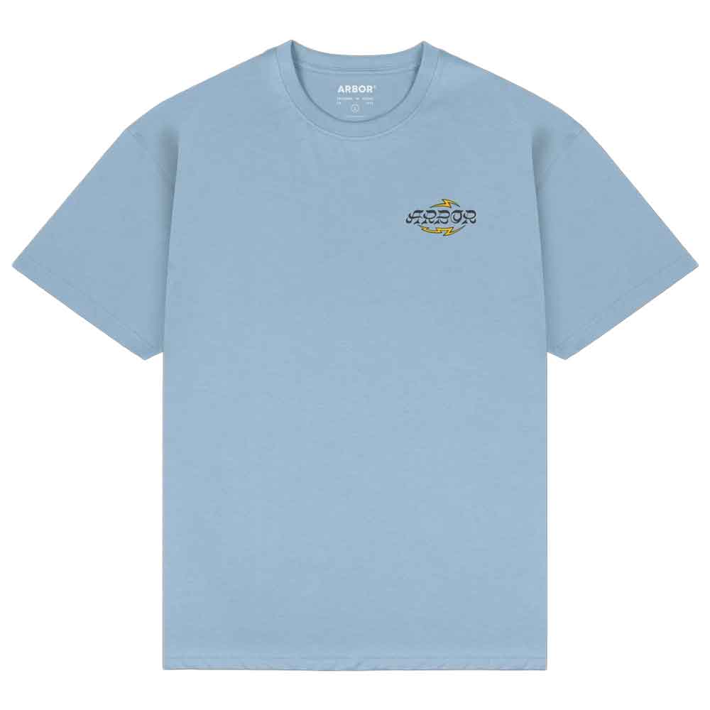 A light blue short-sleeve crewneck t-shirt with a small embroidered ARBOR logo on the left chest, displayed flat against a solid white background.
