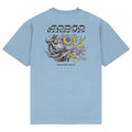 A light blue short-sleeve t-shirt shown from the back, featuring a large graphic print with the word 'HORROR' in a stylized font above an illustration of a ghostly figure, a yellow sun, and purple lightning.