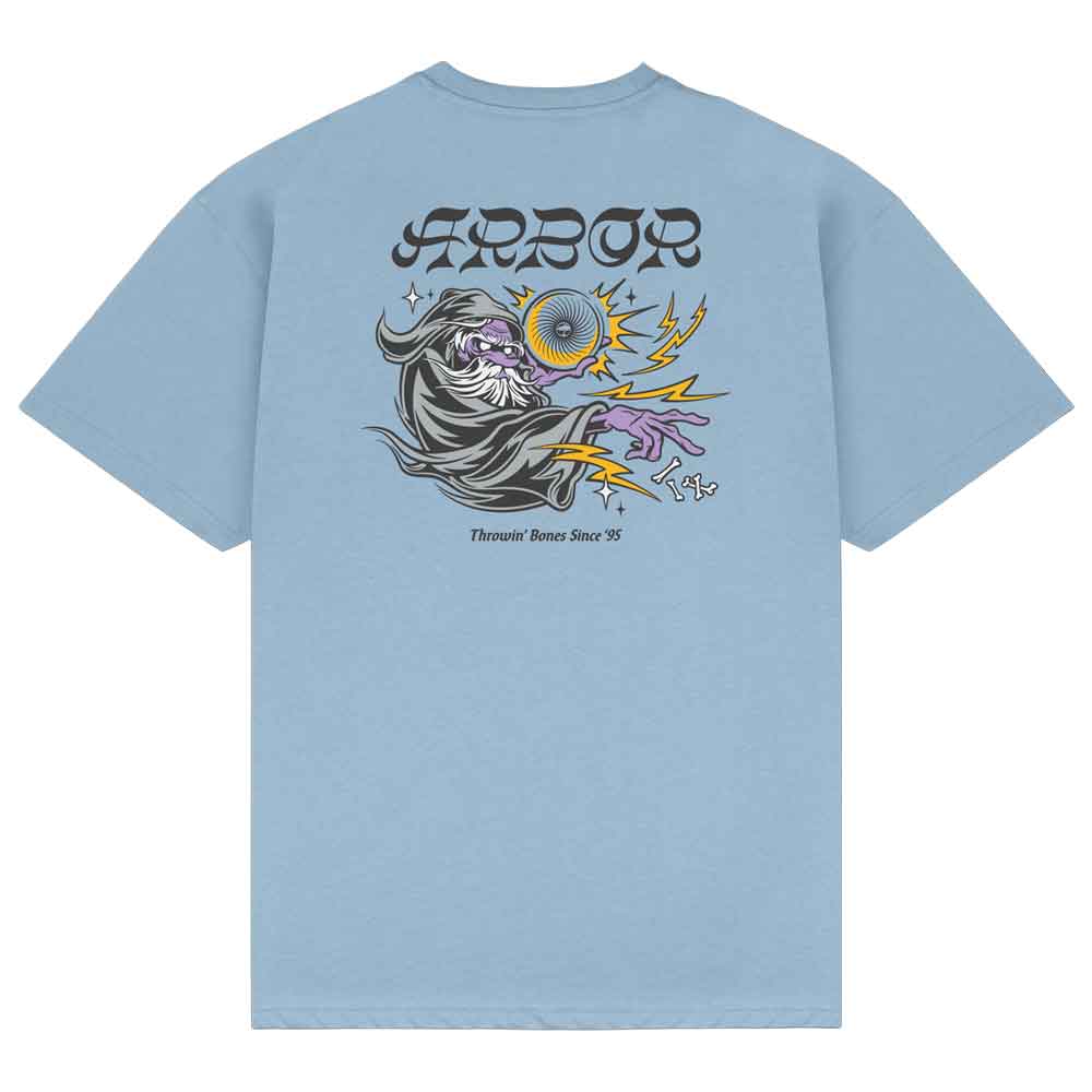 A light blue short-sleeve t-shirt shown from the back, featuring a large graphic print with the word 'HORROR' in a stylized font above an illustration of a ghostly figure, a yellow sun, and purple lightning.