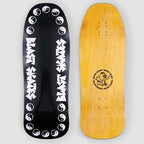 Two views of a skateboard deck on a light gray background: the black top deck with white graphic text and yin-yang symbols, and the natural wood underside showing a circular graphic.