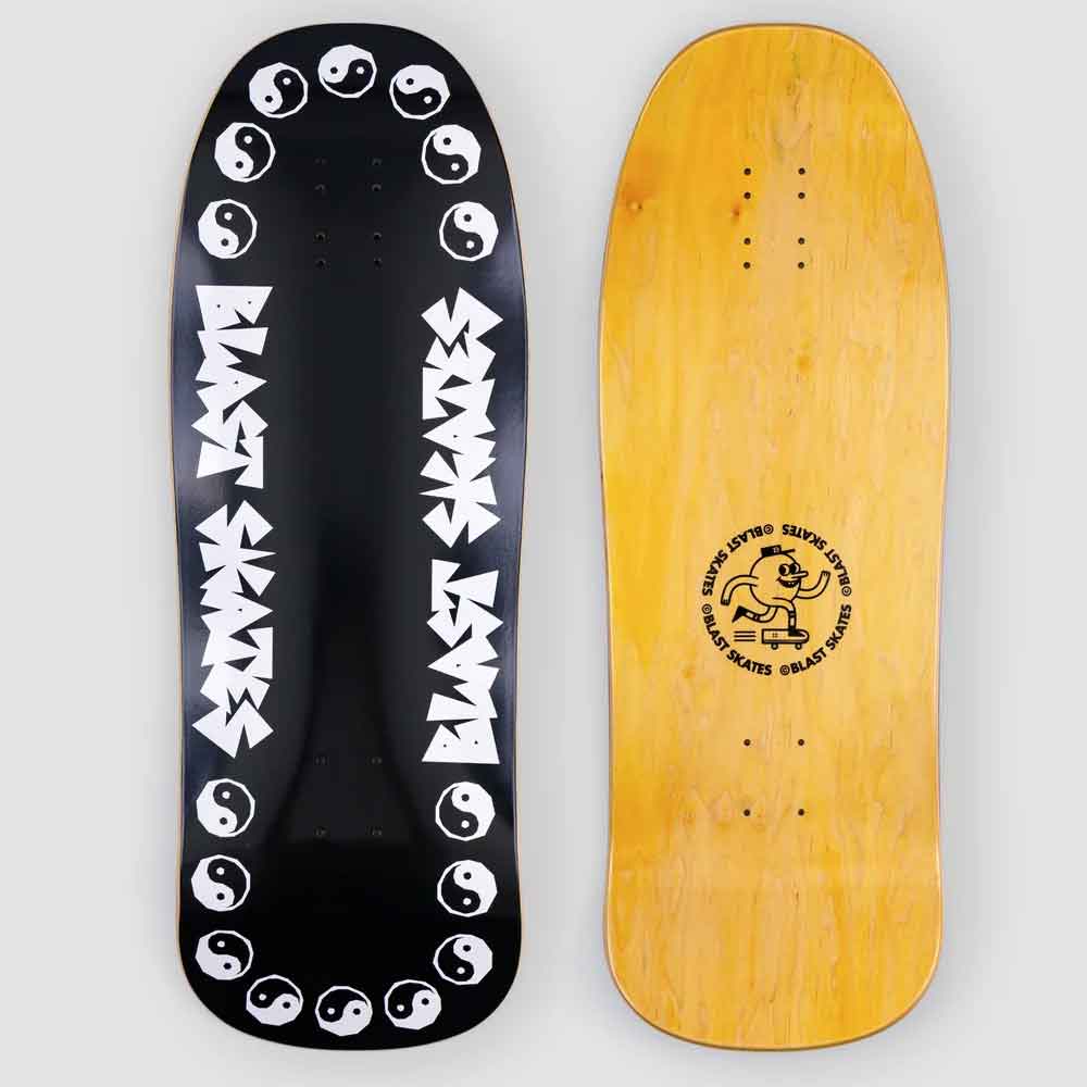 Two views of a skateboard deck on a light gray background: the black top deck with white graphic text and yin-yang symbols, and the natural wood underside showing a circular graphic.