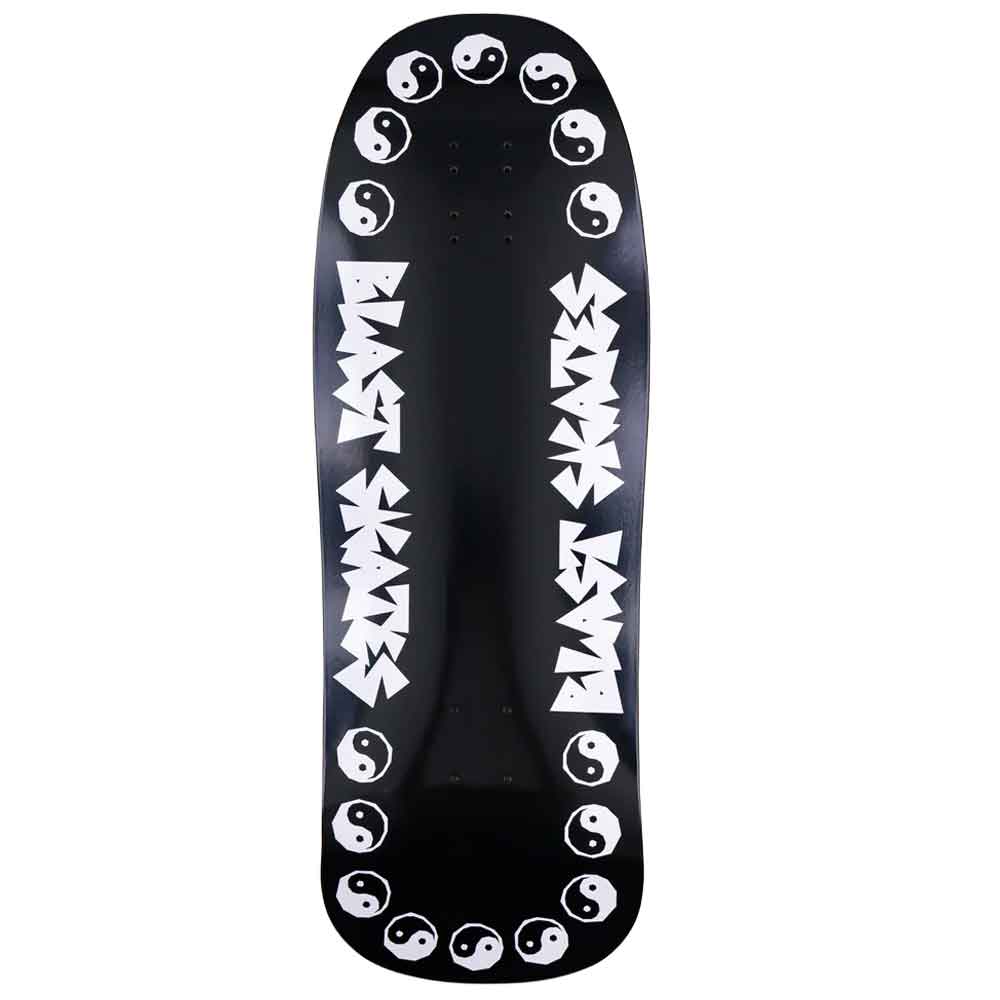 A black skateboard deck with white graphics, featuring the brand name 'Black Rock Shooter' printed vertically down the center and a border of white yin-yang symbols around the edges.