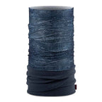 A dark blue patterned neck gaiter tube with a Greek key design, shown on a solid white background.