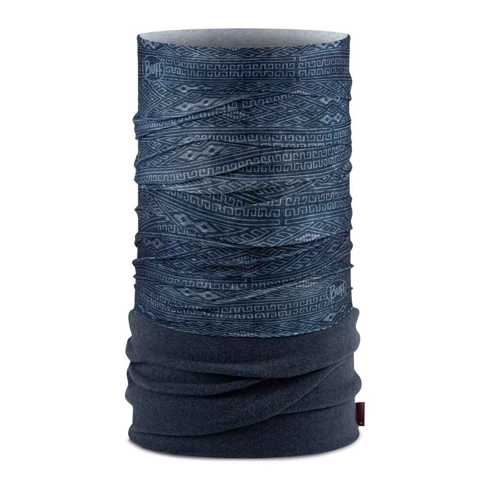 A dark blue patterned neck gaiter tube with a Greek key design, shown on a solid white background.