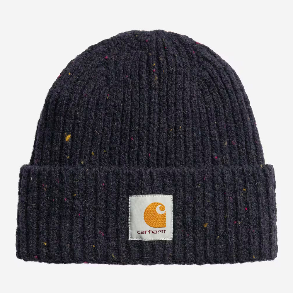 A dark navy ribbed knit beanie with multicolor flecks, featuring a white Carhartt brand patch on the front cuff.