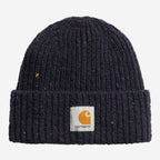 A dark navy ribbed knit beanie with multicolor flecks, featuring a white Carhartt brand patch on the front cuff.