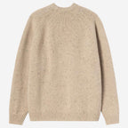 A beige knit sweater with subtle dark flecks, shown from the back on a light gray background.