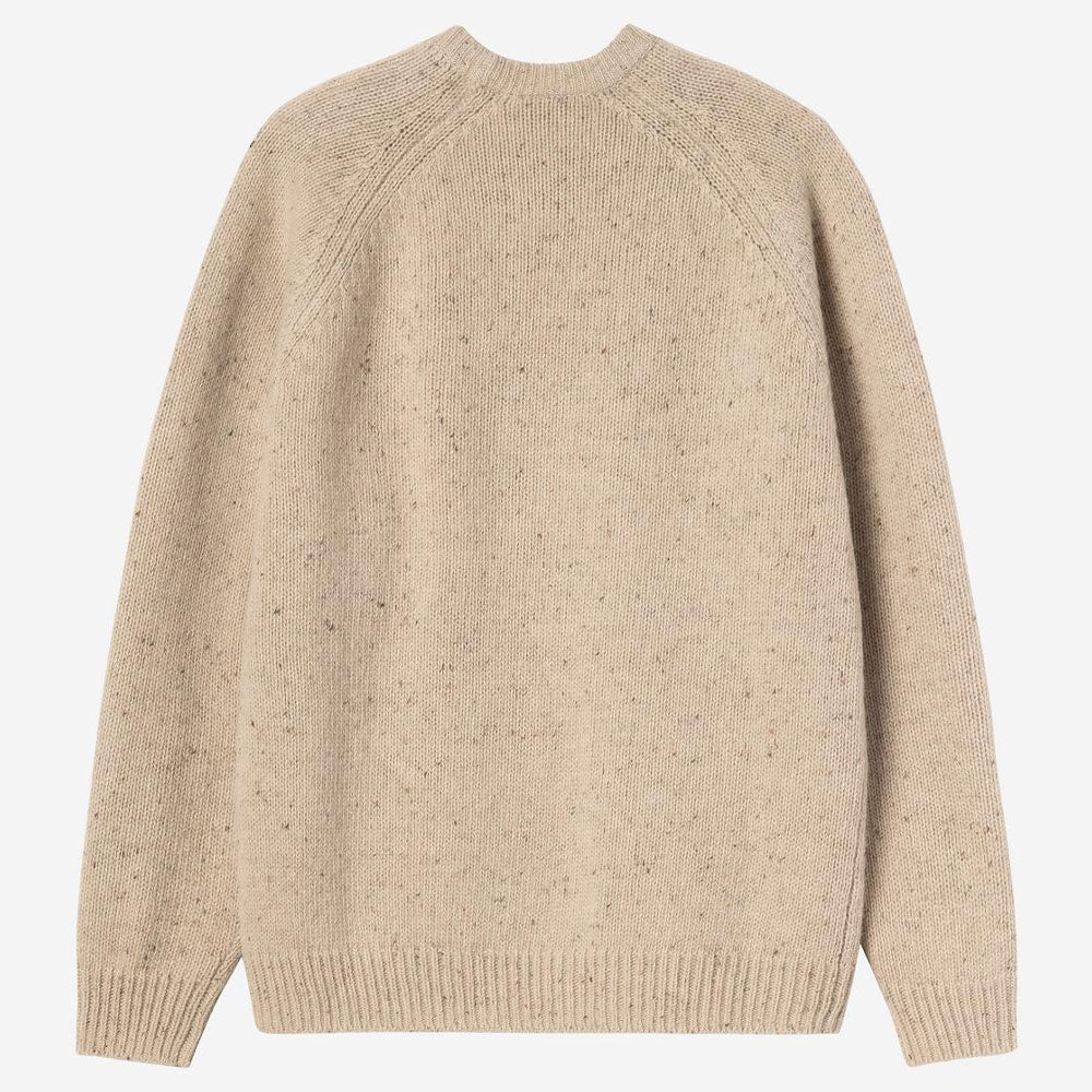 A beige knit sweater with subtle dark flecks, shown from the back on a light gray background.