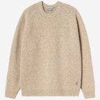 A beige Carhartt knit sweater with subtle multicolor flecks, featuring a crew neck, raglan sleeves, and a signature Carhartt logo patch on the lower left hem.