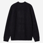 A dark navy blue knit sweater with subtle multicolor flecks, shown from the back against a light gray background.