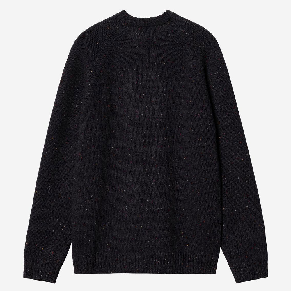 A dark navy blue knit sweater with subtle multicolor flecks, shown from the back against a light gray background.