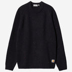 A dark navy blue knit sweater with subtle multicolor flecks, featuring a crew neck, raglan sleeves, and a small Carhartt logo patch on the lower left hem.