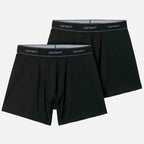 Two black boxer briefs with Carhartt branding on a white background