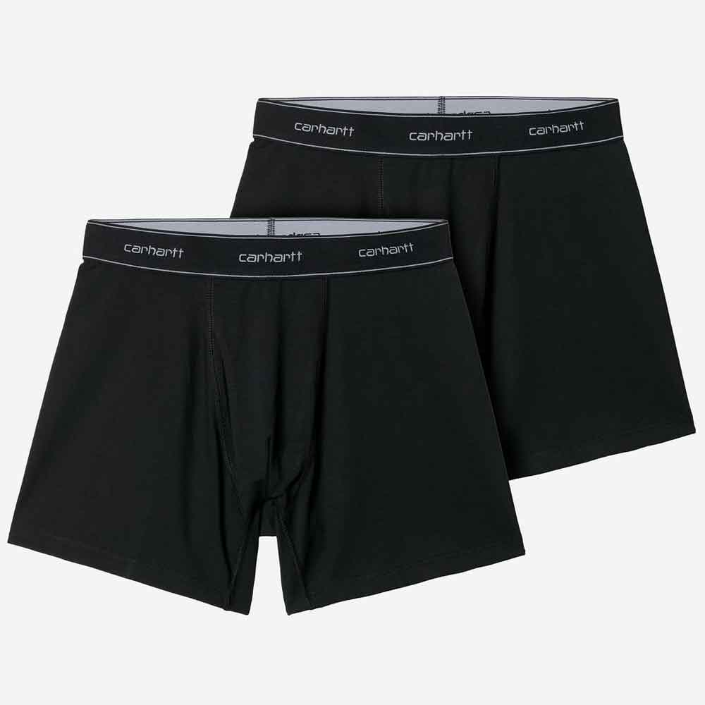 Two black boxer briefs with Carhartt branding on a white background
