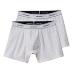 Two gray Carhartt WIP cotton trunks with branded elastic waistbands, laid out flat.