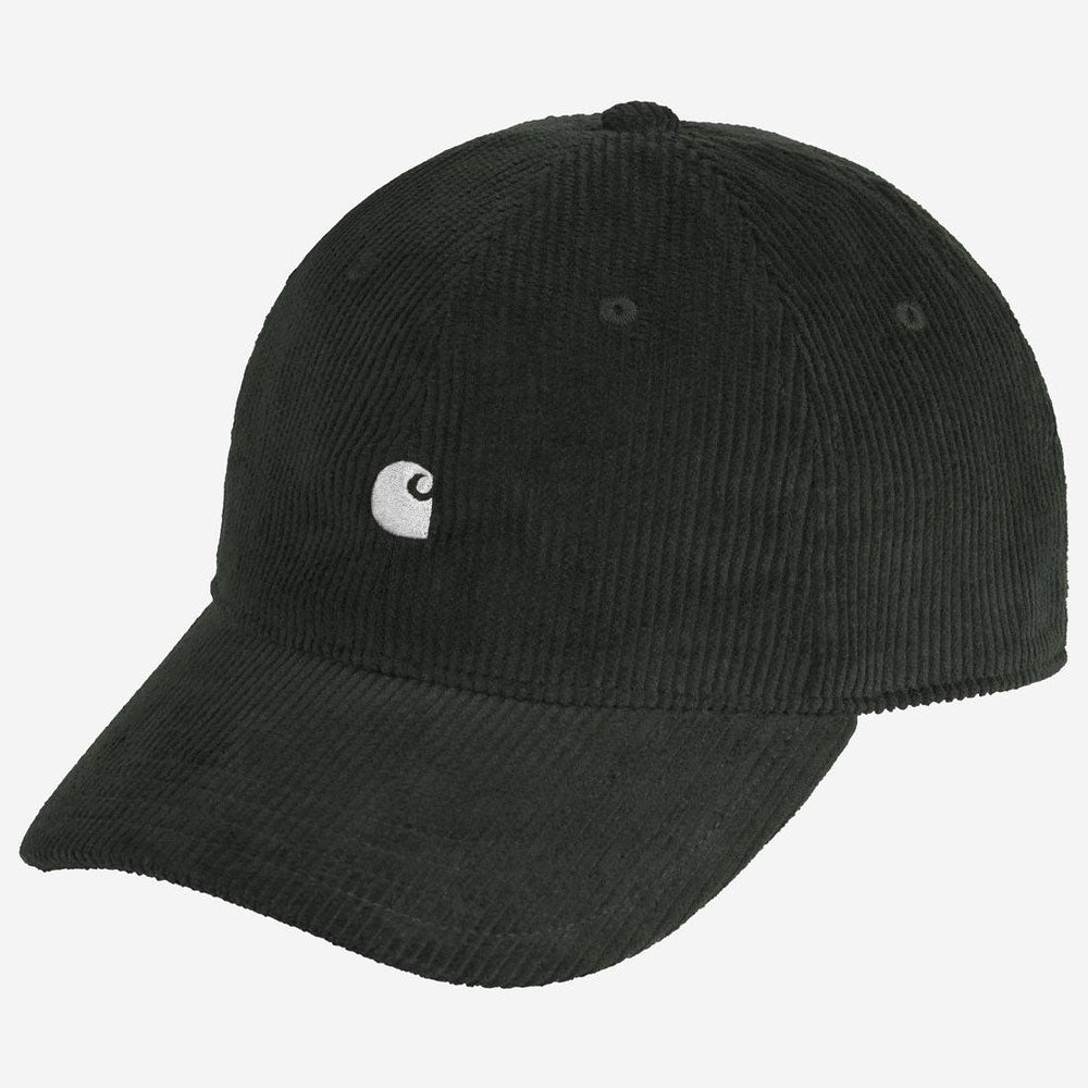 A black corduroy baseball cap with a small white embroidered Carhartt logo on the front, set against a plain light gray background.