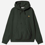 A dark olive green Carhartt hoodie with a small embroidered Carhartt logo on the left chest, displayed on a clean white background.
