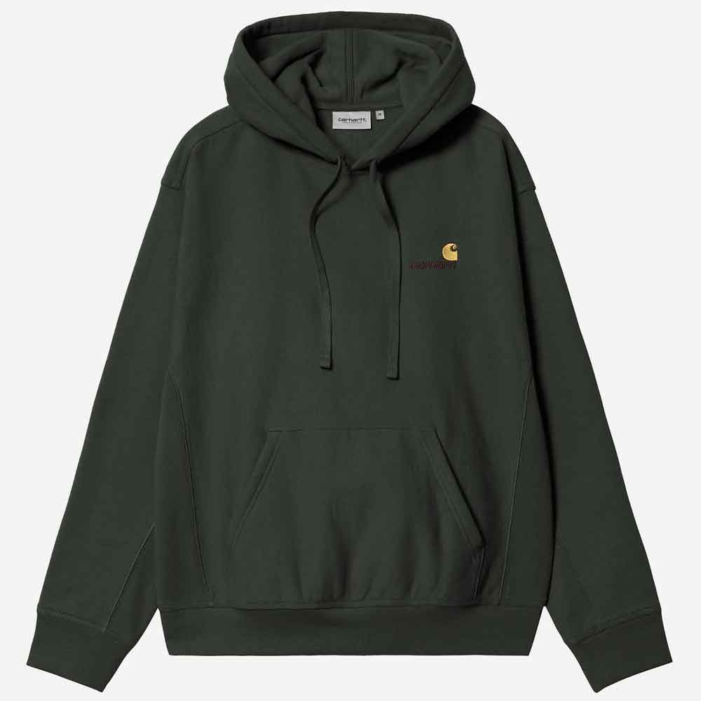 A dark olive green Carhartt hoodie with a small embroidered Carhartt logo on the left chest, displayed on a clean white background.