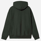 A dark forest green pullover hoodie shown from the back, featuring a large hood, long sleeves with ribbed cuffs, and a ribbed hem, photographed against a light gray background.