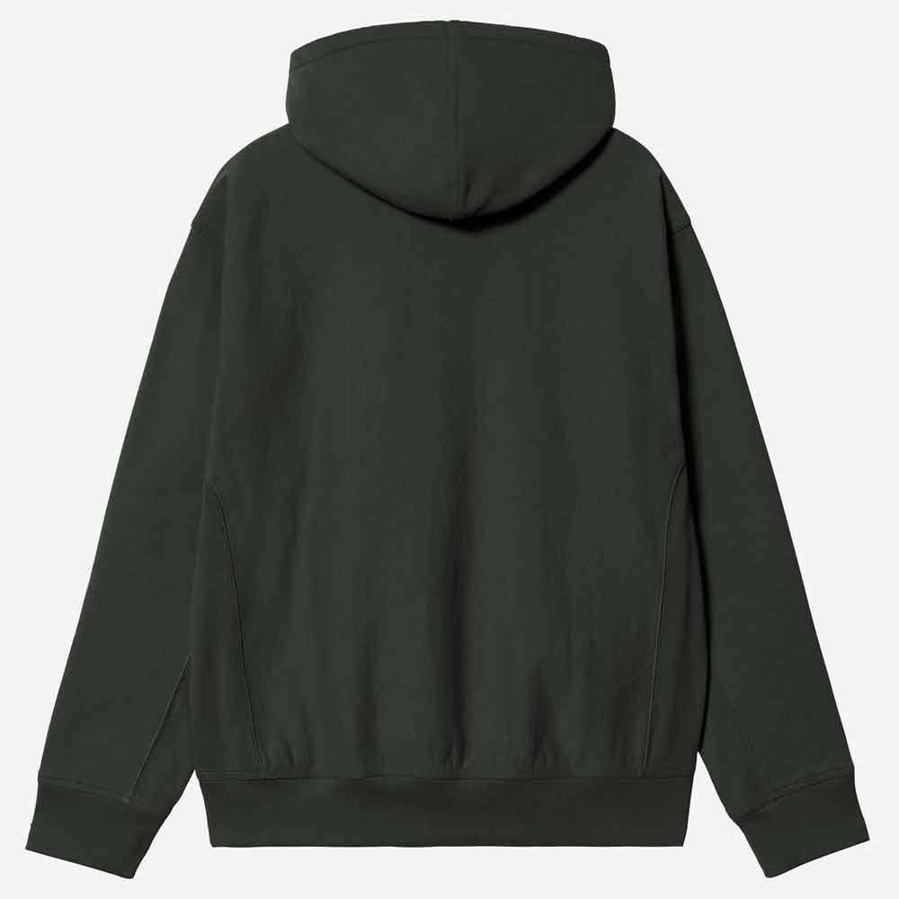 A dark forest green pullover hoodie shown from the back, featuring a large hood, long sleeves with ribbed cuffs, and a ribbed hem, photographed against a light gray background.