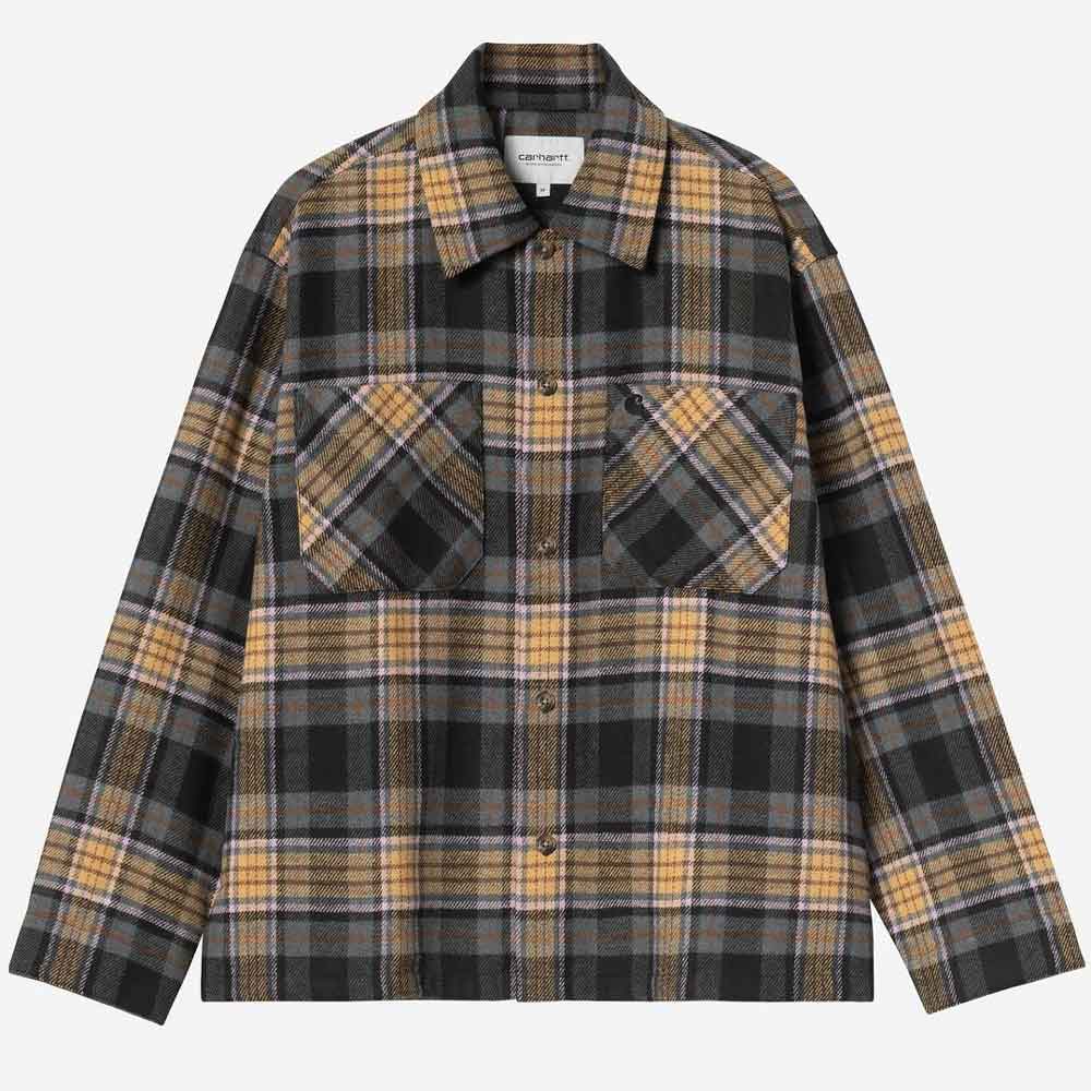A long-sleeve plaid button-up shirt by Barbour, featuring a black, gray, and mustard yellow tartan pattern with two chest pockets, shown flat on a light gray background.