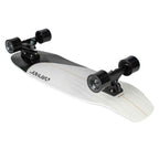 A longboard skateboard with a white and black deck, black trucks, and black wheels, shown on a plain white background.