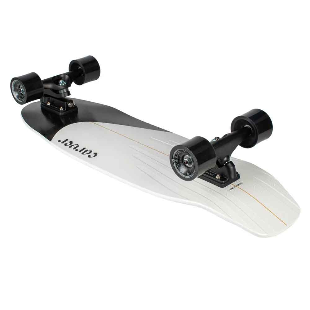A longboard skateboard with a white and black deck, black trucks, and black wheels, shown on a plain white background.