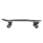 Skateboard with black deck and white trucks on a white background