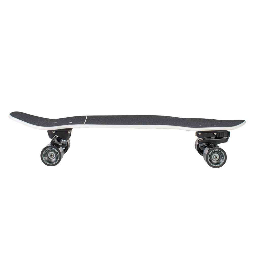 Skateboard with black deck and white trucks on a white background