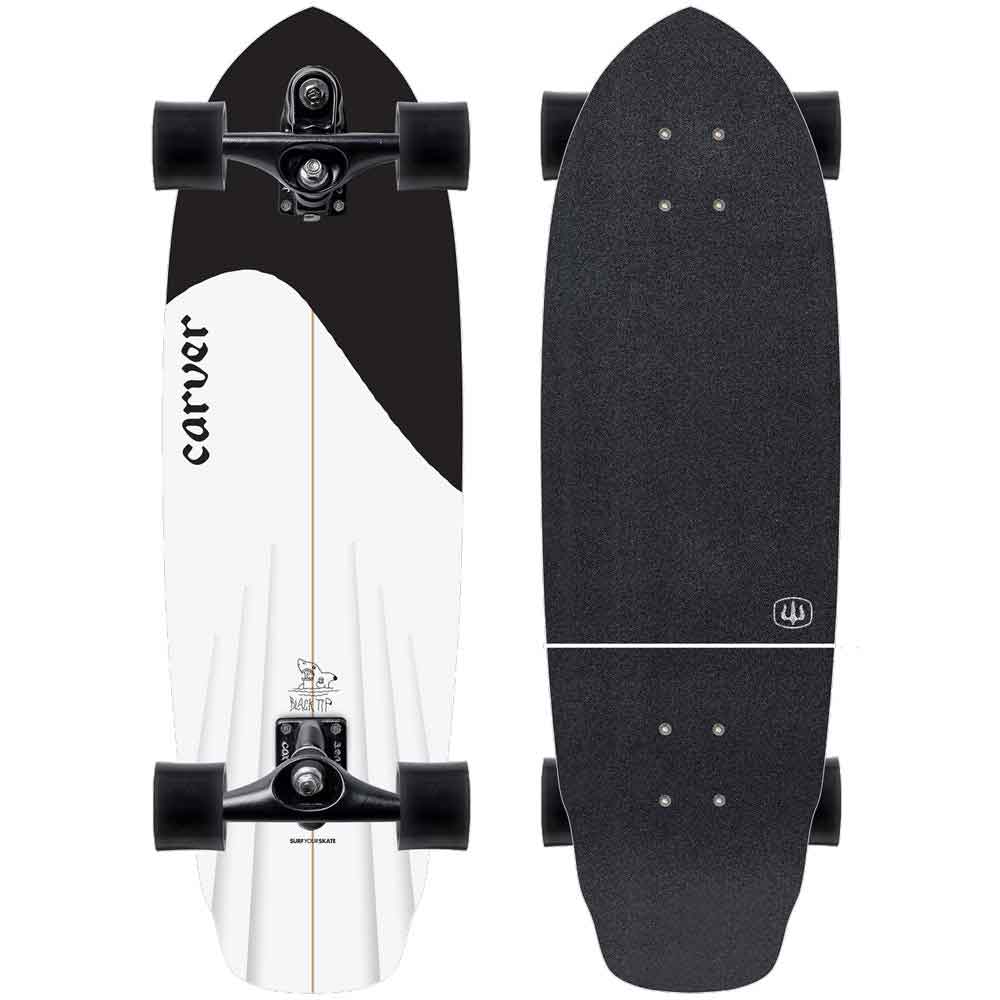 Front and back views of a Carver longboard skateboard on a solid white background. The deck features a black and white graphic design with a thin gold center stripe, black trucks, and black grip tape on the top surface.