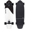 Front and back views of a Carver longboard skateboard on a solid white background. The deck features a black and white graphic design with a thin gold center stripe, black trucks, and black grip tape on the top surface.