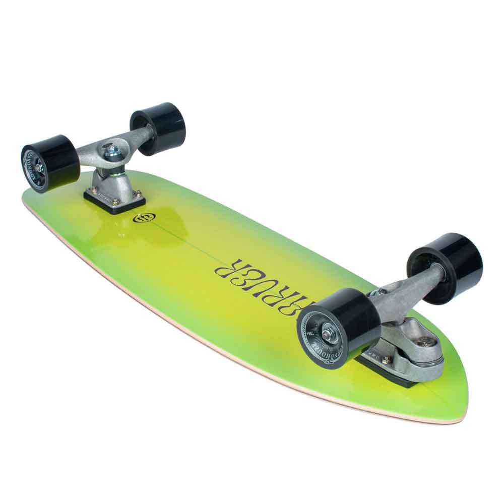 A longboard skateboard with a vibrant lime green to yellow gradient deck, black wheels, and silver trucks, shown from an angled top-down view on a white background.