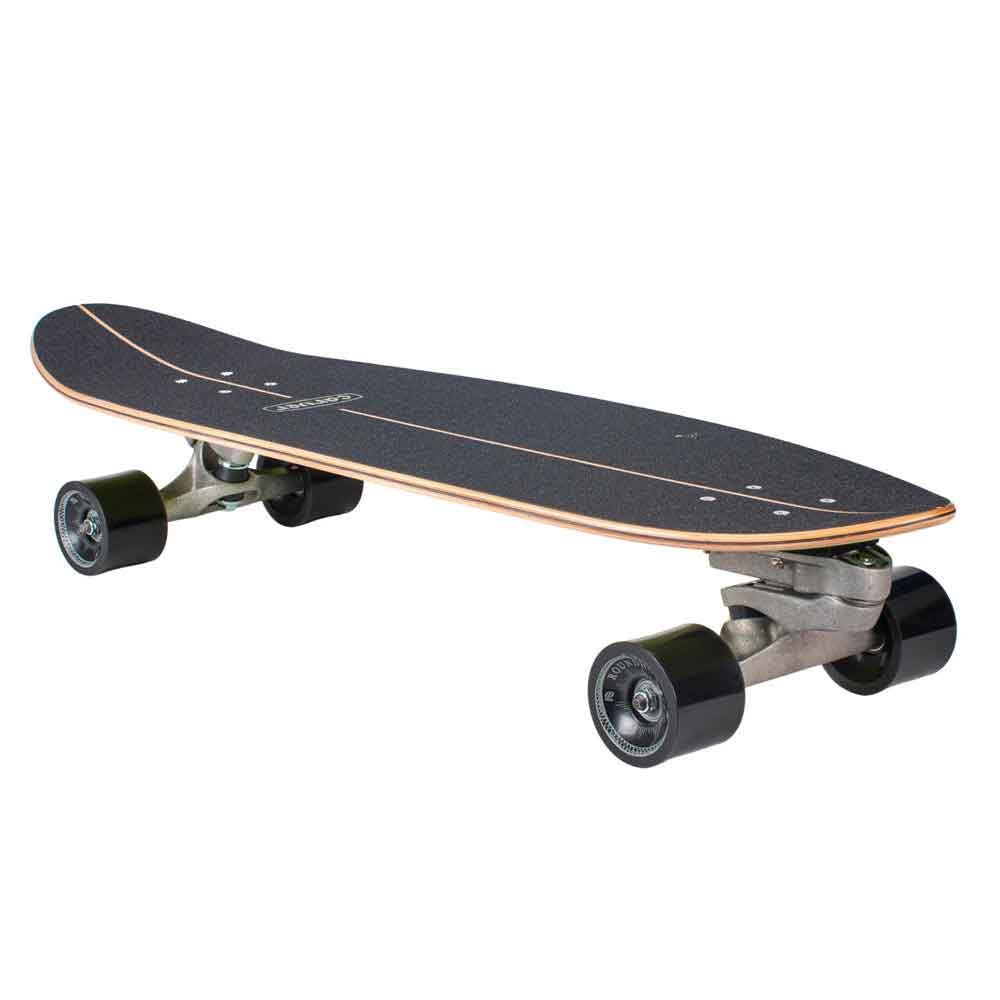 Black skateboard with a wooden deck on a white background