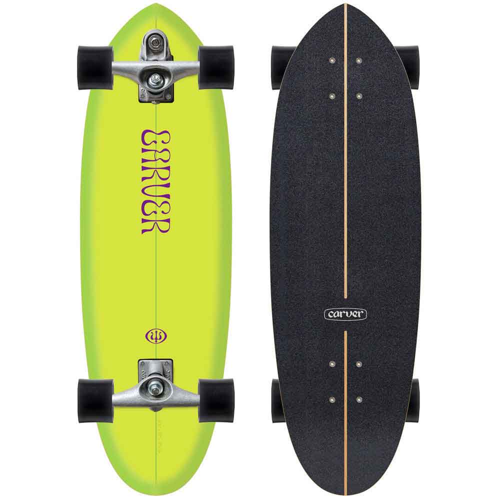 Two views of a longboard skateboard on a plain white background: the underside shows a bright neon yellow-green deck with purple text, and the top side shows a black grip tape surface and a small 'carver' logo.