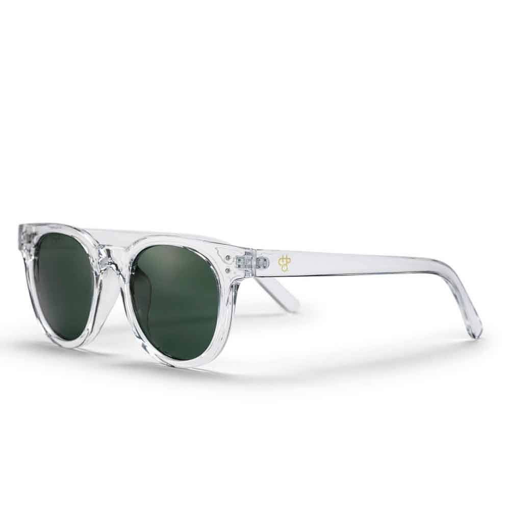 Clear acetate sunglasses with dark green lenses, featuring a small gold logo on the temple arm, set against a plain white background.