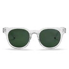 Clear acetate sunglasses with dark green lenses, featuring a small gold logo on the temple arm, set against a plain white background.