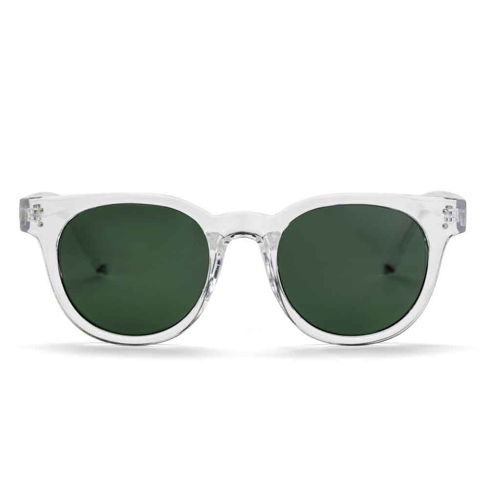 Clear acetate sunglasses with dark green lenses, featuring a small gold logo on the temple arm, set against a plain white background.